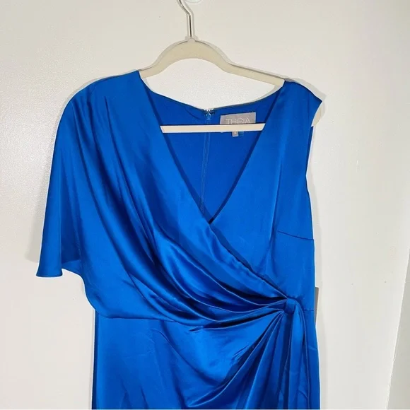 NWT Theia Candace Faux Wrap Cocktail Dress Blue Satin - Picture 5 of 9